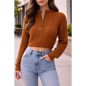 I Joah Burnt Orange Cable Knit Cropped Sweater XS